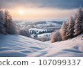 Picturesque view of a snow-covered mountain range illuminated by a vibrant sunset, AI-generated. 107099337