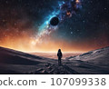 Astronaut on an icy rocky surface with the sky filled with stars and galaxies, AI-generated 107099338