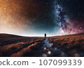 Astronaut on an icy rocky surface with the sky filled with stars and galaxies, AI-generated 107099339