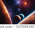 Night sky featuring several planets glowing against a backdrop of stars and the sun, AI-generated. 107099340