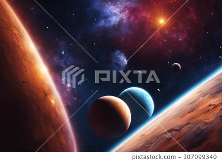 Night sky featuring several planets glowing against a backdrop of stars and the sun, AI-generated. Night sky featuring several planets glowing against a backdrop of stars and the sun, AI-generated. 107099340