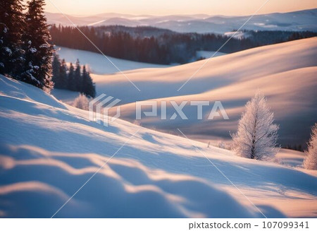 Picturesque view of a snow-covered mountain range illuminated by a vibrant sunset, AI-generated. 107099341