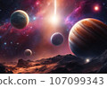 Night sky featuring several planets glowing against a backdrop of stars and the sun, AI-generated. 107099343