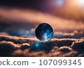 Round sphere perched atop a snow-covered landscape in the dark of night, AI-generated. 107099345