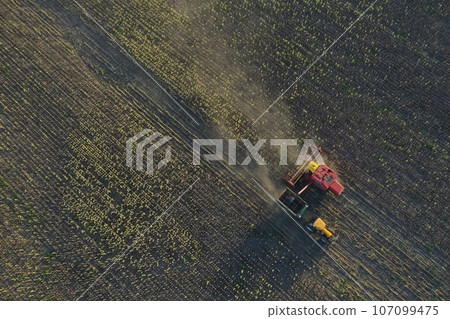 Harvester in Pampas Countryside, aerial view, La Pampa province, Argentina. Harvester in Pampas Countryside, aerial view, La Pampa province, Argentina. 107099475