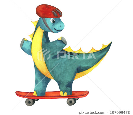 Cute Baby watercolour sport Dinosaur on red skateboard. Sports equipment. Hand drawn illustration isolated on white Cute Baby watercolour sport Dinosaur on red skateboard. Sports equipment. Hand drawn illustration isolated on white 107099478