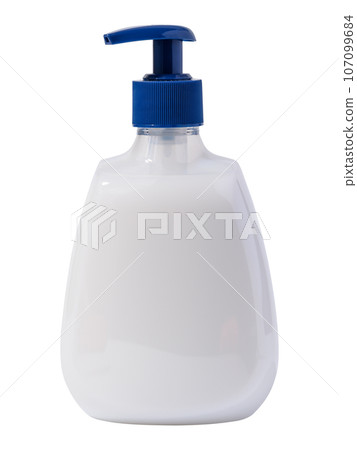 White plastic transparent bottle with soap dispenser on a white background White plastic transparent bottle with soap dispenser on a white background 107099684