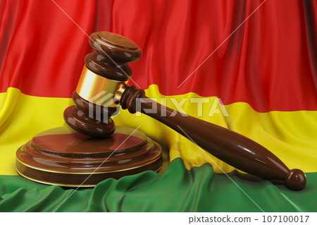 Bolivian law and justice concept. Wooden gavel on flag of Bolivia, 3D rendering Bolivian law and justice concept. Wooden gavel on flag of Bolivia, 3D rendering 107100017