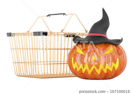 Pumpkin with shopping basket. Halloween Sale concept, 3D rendering isolated on white background 107100018