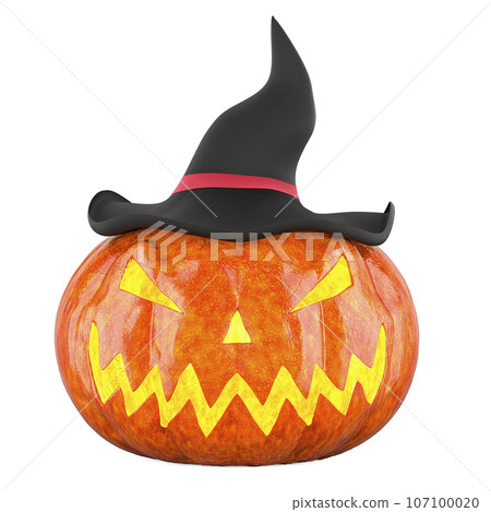 Halloween pumpkin in a witch hat, 3D rendering 107100020