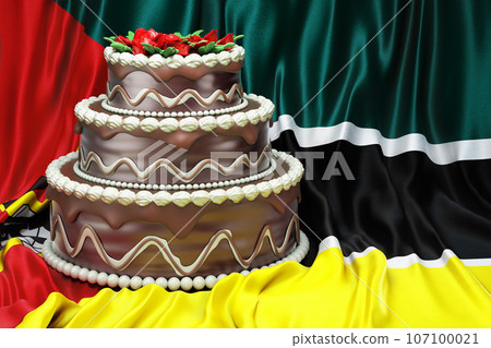 Chocolate cake on the Mozambican flag background, 3D rendering Chocolate cake on the Mozambican flag background, 3D rendering 107100021