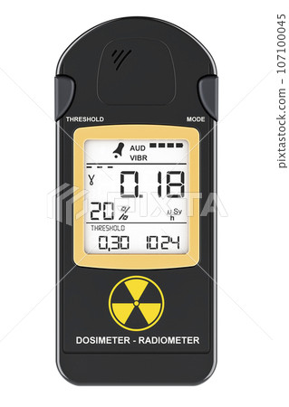 Gamma Radiation Personal Dosimeter. High Accuracy Geiger Counter Nuclear Radiation Detector, Personal Dosimeter Tester X-Ray Gamma Ray. 3D rendering Gamma Radiation Personal Dosimeter. High Accuracy Geiger Counter Nuclear Radiation Detector, Personal Dosimeter Tester X-Ray Gamma Ray. 3D rendering 107100045