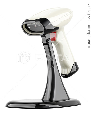 Barcode Scanner with Stand, Handheld Bar Code Scanner with Adjustable Stand, 3D rendering Barcode Scanner with Stand, Handheld Bar Code Scanner with Adjustable Stand, 3D rendering 107100047