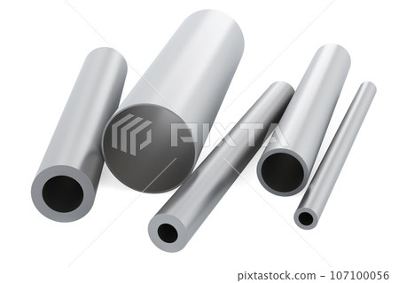 Steel round pipes, stack of different sizes stainless, steel round pipes. 3D rendering Steel round pipes, stack of different sizes stainless, steel round pipes. 3D rendering 107100056