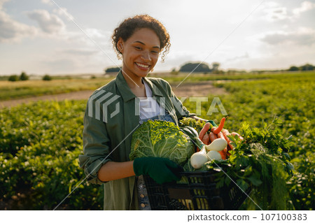 Smiling woman farmer with just harvested vegetables basket ready to sale. Agricultural concept 107100383