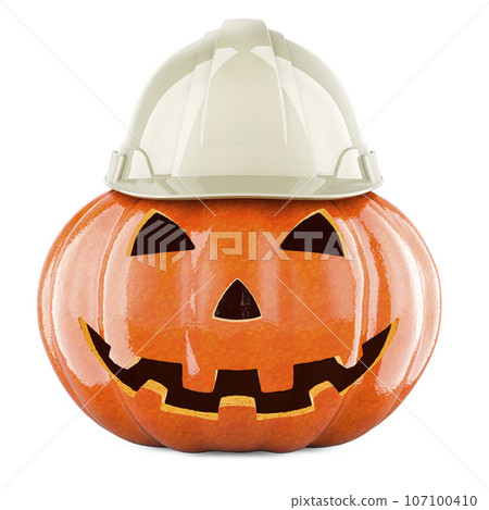 Halloween pumpkin with white hardhat, 3D rendering Halloween pumpkin with white hardhat, 3D rendering 107100410
