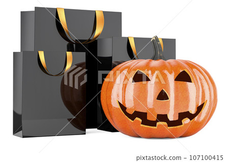 Halloween pumpkin with black  shopping bags. Halloween Sale concept, 3D rendering 107100415