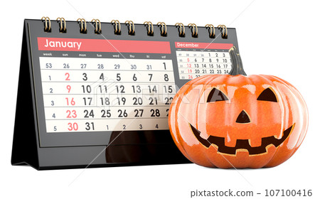 Halloween Pumpkin with desk calendar. Halloween party concept. 3D rendering Halloween Pumpkin with desk calendar. Halloween party concept. 3D rendering 107100416