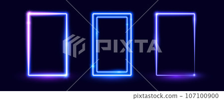 Neon glowing rectangular door set. Blue purple shining rectangle border. Electric light frame collection. Illuminated wide violet design element for banner, poster, collage, cover. Vector illustration Neon glowing rectangular door set. Blue purple shining rectangle border. Electric light frame collection. Illuminated wide violet design element for banner, poster, collage, cover. Vector illustration 107100900