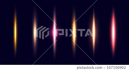 Neon divider lines set. Glowing vertical stripes collection. Fluorescent electric light sticks pack. Shining laser beams LED effect bundle. Vector pink, yellow, red elements for poster, banner, cover 107100902