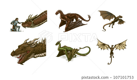 Set of Dragon in Vintage style. Mythological animal or traditional reptile. Symbol for tattoo or Set of Dragon in Vintage style. Mythological animal or traditional reptile. Symbol for tattoo or 107101753