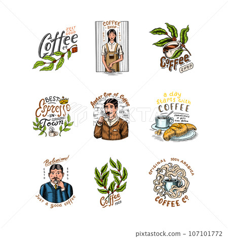 Set of coffee in vintage style. Woman and man with a cup of drink. Vintage badge or logo set for t 107101772