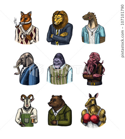 Grizzly Bear, Octopus, t-rex dinosaur, Elephant, Indian cobra snake, Fox with a smoking pipe, lion Grizzly Bear, Octopus, t-rex dinosaur, Elephant, Indian cobra snake, Fox with a smoking pipe, lion 107101790