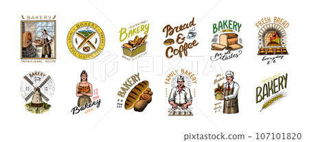 Bread, long loaf or baguette. Engraved hand drawn in old sketch and vintage style for label, logo 107101820