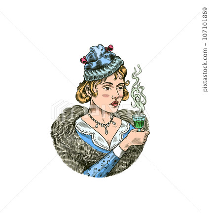 Woman with Absinthe Glass shot. Holding a toast drink. Label for retro poster. Engraved hand drawn Woman with Absinthe Glass shot. Holding a toast drink. Label for retro poster. Engraved hand drawn 107101869