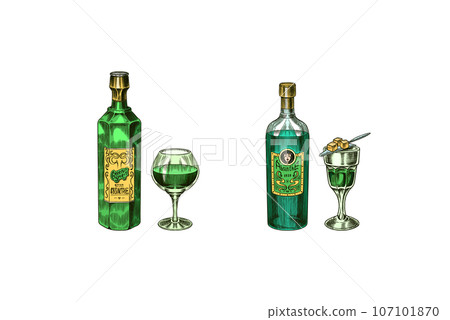Bottle of Absinthe Glass shot. Woman holding a toast drink. Pot Swan necked copper stills distillery 107101870