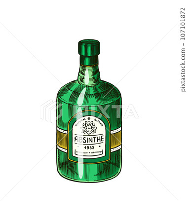 Glass Bottle of Absinthe. Label for retro poster. Engraved hand drawn vintage sketch. Woodcut style Glass Bottle of Absinthe. Label for retro poster. Engraved hand drawn vintage sketch. Woodcut style 107101872