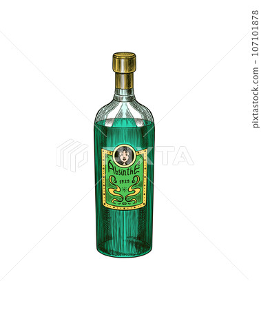 Glass Bottle of Absinthe. Label for retro poster. Engraved hand drawn vintage sketch. Woodcut style 107101878