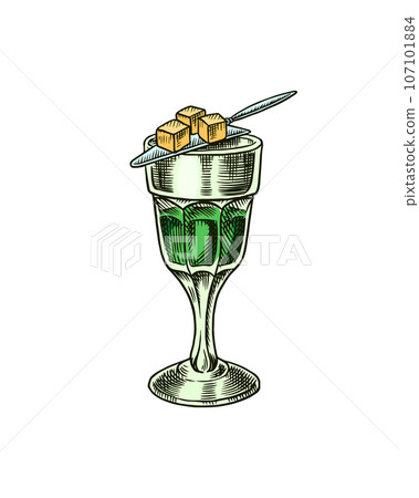 Glass shot of Absinthe. Glass with green drink. Label for retro poster. Engraved hand drawn vintage 107101884