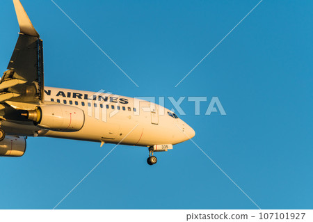 [JAL aircraft ready to land from the sky above Jonanjima Seaside Park at sunset] 107101927
