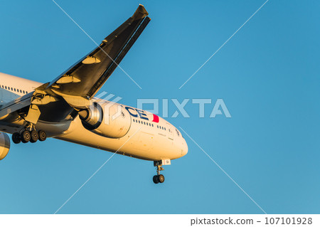 [Air France plane landing from Jonanjima Seaside Park at sunset] 107101928