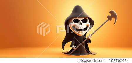 Banner Minimalism Scary Smiling With Teeth Death, Grim Reaper In Black Cloak On Orange Halloween Background. On 31 October, AI Generated. Horizontal Plane Copy Space For Text Banner Minimalism Scary Smiling With Teeth Death, Grim Reaper In Black Cloak On Orange Halloween Background. On 31 October, AI Generated. Horizontal Plane Copy Space For Text 107102084