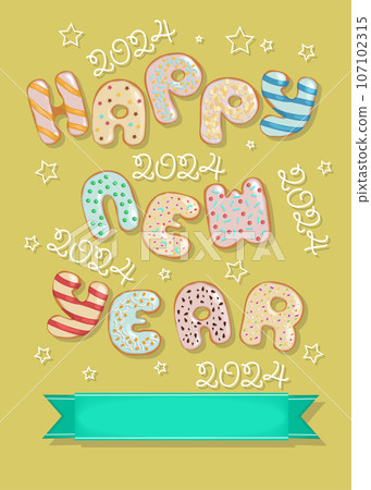 Sweet Donut Letters Wish Happy New Year 2024. Delicious Greeting Card with Yellow Background, Creamy Stars, and Custom Text Banner 107102315