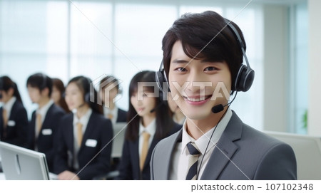 Young male operator speaking on intercom Young male operator speaking on intercom 107102348
