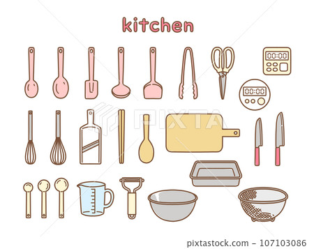 Pop and cute hand-drawn kitchen utensil illustration set Pop and cute hand-drawn kitchen utensil illustration set 107103086