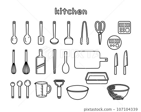 Monochrome stylish hand-drawn kitchen utensils illustration set 107104339