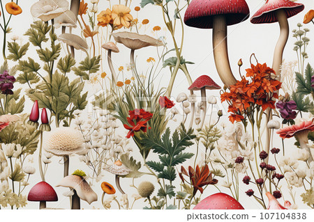 Mushroom antique style seamless pattern Generative ai Mushroom antique style seamless pattern Generative ai 107104838