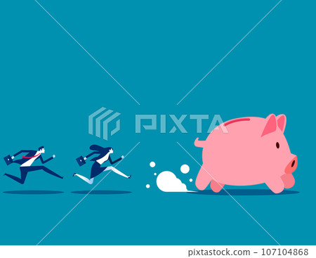 Two business person chasing pigs running. Business vector illustration concept 107104868