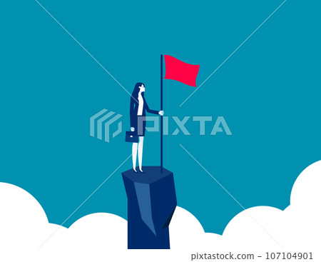 Businesswoman standing on top of mountain holding a flag. Business vector illustration 107104901