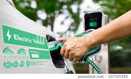 Hand insert EV charger and recharge electric car on nature and travel. Peruse 107105305