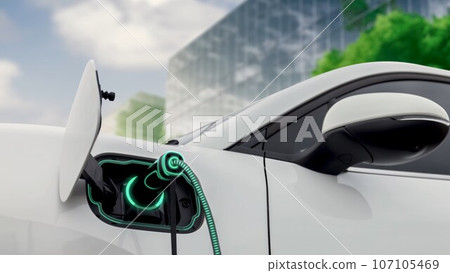 Electric car plugged in with charging station to recharge battery. Peruse Electric car plugged in with charging station to recharge battery. Peruse 107105469