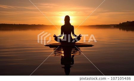 Woman Backlit in Yoga Pose in calm sunrise Zen. Generative AI weber. Woman Backlit in Yoga Pose in calm sunrise Zen. Generative AI weber. 107105486