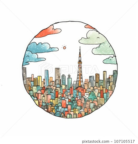 A circle shape frame with center space of Tokyo city skyline in simple doodle color cartoon style. Generative AI AIG32 A circle shape frame with center space of Tokyo city skyline in simple doodle color cartoon style. Generative AI AIG32 107105517