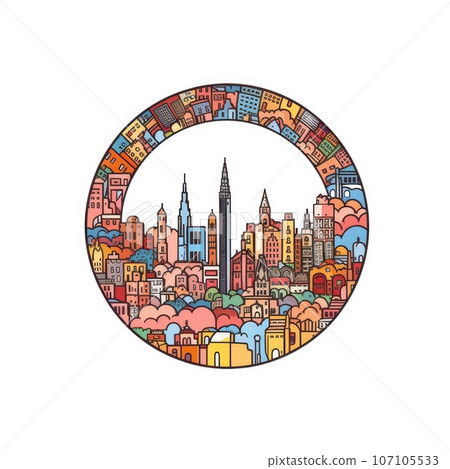 A circle shape frame with center space of Barcelona city skyline in simple doodle color cartoon style. Generative AI AIG32 A circle shape frame with center space of Barcelona city skyline in simple doodle color cartoon style. Generative AI AIG32 107105533
