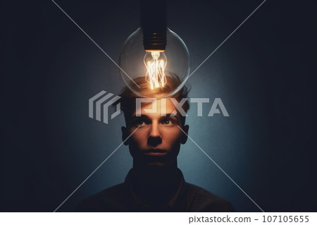 bright light bulb floating above of young scandinavian man's head. generative ai AIG32 107105655