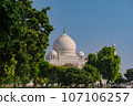 Garlic dome architecture of the Taj Mahal temple, Agra, Uttar Pradesh, India is built of white marble 107106257